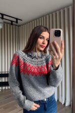 Grey Knit Sweater With Red Fair Isle Pattern - Image 2