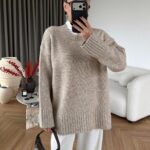 Beige Oversized Knit Crewneck Sweater
