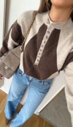 Beige Brown Argyle Knit Henley Sweater - Image 2