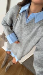 Layered Knit Shirt Dress – Grey - Image 2