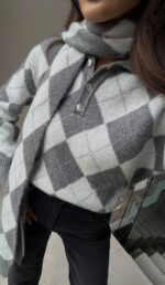 Gray Argyle Knit Sweater With Scarf - Image 2