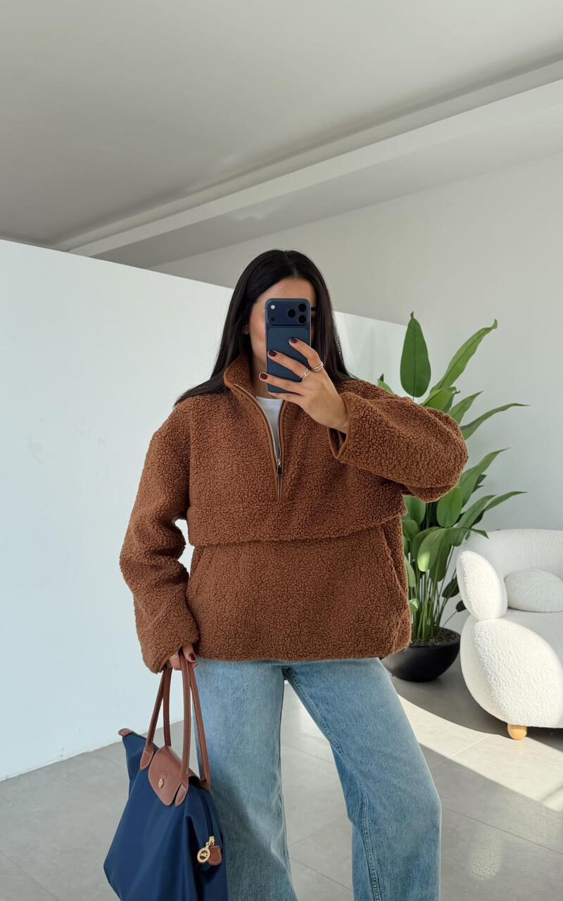 Brown Fleece Half Zip Sweater