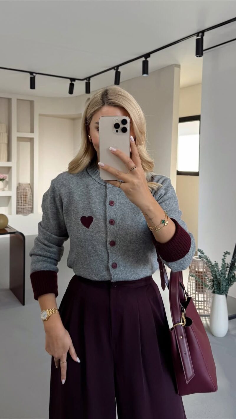 HEART EMBROIDERY DETAIL SOFT TEXTURED GRAY CARDIGAN