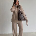 Beige Ribbed Knit Loungewear Set