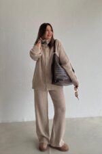 Beige Ribbed Knit Loungewear Set
