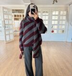 Burgundy and Gray Striped Knit Sweater - Image 2