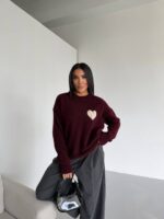 Burgundy Heart Patch Knit Sweater