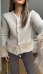 Sand Beige Fur - Trim Cardigan - Image 2