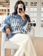 Blue and White Patterned Knit Sweater - Image 2