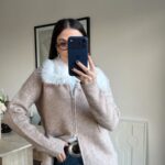 Beige Zip Up Sweater With Faux Fur Collar