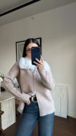 Beige Zip Up Sweater With Faux Fur Collar