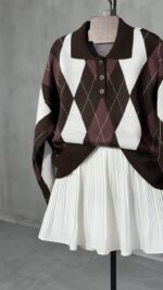 Brown Argyle Knit Polo Sweater - Image 4