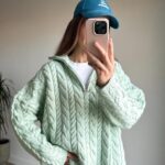 Mint Green Cable Knit Zip Sweater