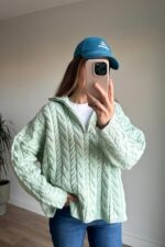 Mint Green Cable Knit Zip Sweater
