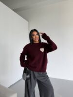 Burgundy Heart Patch Knit Sweater - Image 2