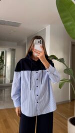 Striped Blue and Black Hooded Shirt