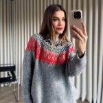 Grey Knit Sweater With Red Fair Isle Pattern