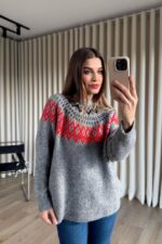 Grey Knit Sweater With Red Fair Isle Pattern - Image 3