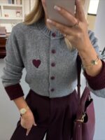 HEART EMBROIDERY DETAIL SOFT TEXTURED GRAY CARDIGAN - Image 2