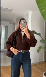 Brown Half Zip Knit Sweater
