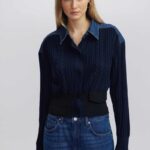 Navy Cable Knit Cardigan With Denim Details