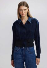 Navy Cable Knit Cardigan With Denim Details