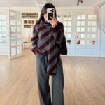 Burgundy and Gray Striped Knit Sweater