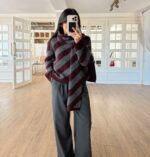Burgundy and Gray Striped Knit Sweater