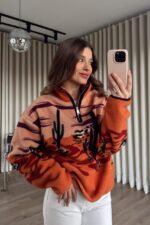 Orange Desert Print Fleece Pullover Sweater - Image 2