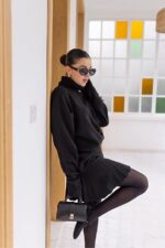 Turtleneck Knitwear Sweater with Pleated Skirt Set -Black - Image 2
