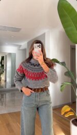 Grey Knit Sweater With Red Fair Isle Pattern