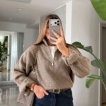 Beige Ribbed Half Zip Knit Sweater