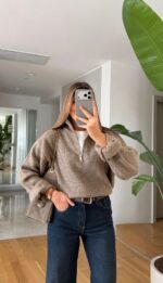 Beige Ribbed Half Zip Knit Sweater