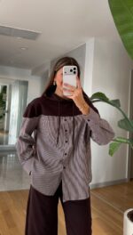 Brown Striped Button-Up Hooded Shirt