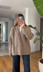 Beige Ribbed Half Zip Knit Sweater - Image 2