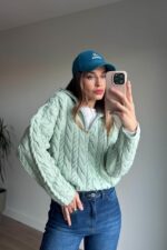 Mint Green Cable Knit Zip Sweater - Image 3