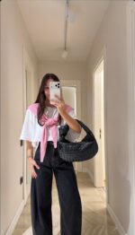 White Woven Top With Pink Scarf