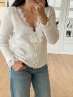 White Lace Trim Cardigan Sweater