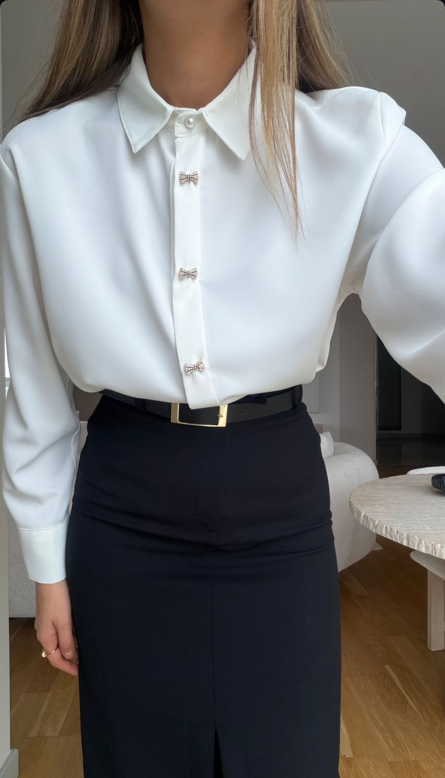 0f73f18b-98d9-4b44-acb4-671ee9b55b94 White Bow Button Blouse - Image 1