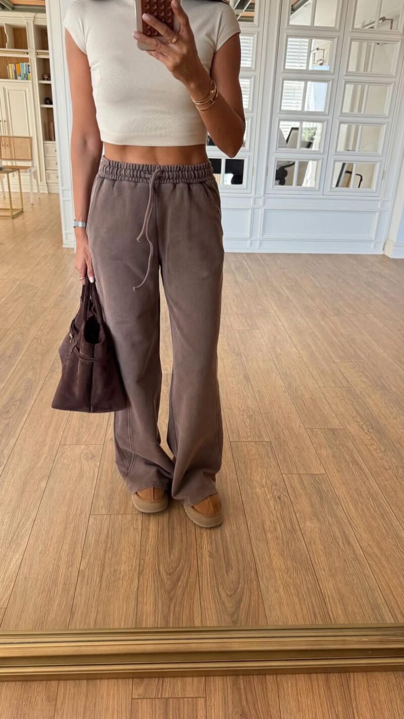 Brown Wide Leg Drawstring Pants