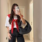 White Woven Top With Red Scarf