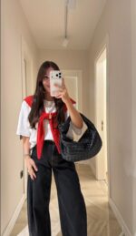 White Woven Top With Red Scarf
