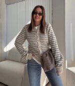 Beige and Gray Striped Knit Cardigan - Image 3