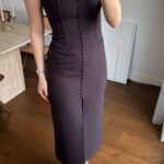 Strapless Button Front Black Midi Dress