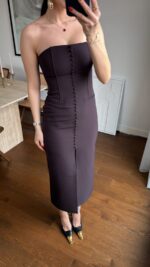 Strapless Button Front Black Midi Dress
