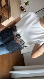 White Cropped T-Shirt With Black Lace Hem - Image 2