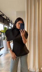 Black Structured Asymmetrical Shoulder Top