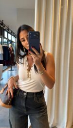 White Sleeveless Top With Gold Button Detail