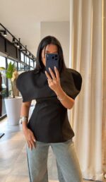 Black Structured Asymmetrical Shoulder Top - Image 2