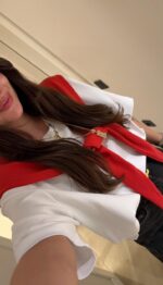 White Woven Top With Red Scarf - Image 2